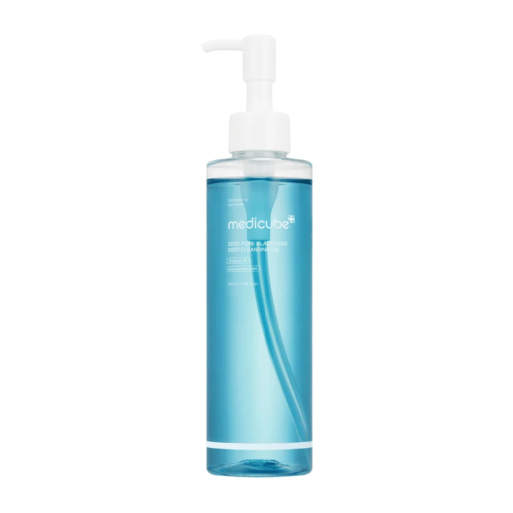 Medicube Zero Pore Blackhead Deep Cleansing Oil 205 ml, aceite limpiador facial coreano en envase azul con dosificador blanco