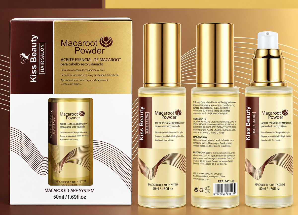 Aceite Capilar de Macaroot Kiss Beauty Hair Salon 50 ml para cabello seco y dañado, con efecto nutritivo y suavizante.