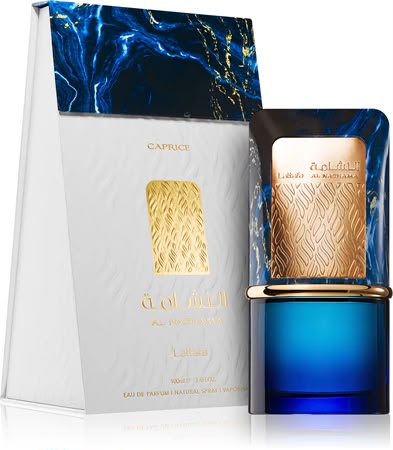Perfume Al Nashama Caprice de Lattafa para hombre con notas de cardamomo, jengibre, bergamota, lavanda, menta, ámbar y cedro.