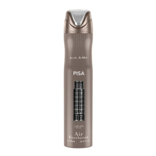Ambientador Pisa de Lattafa 300 ml con aroma fresco y cítrico a mandarina, limón, bergamota, cedro, sándalo y ámbar.