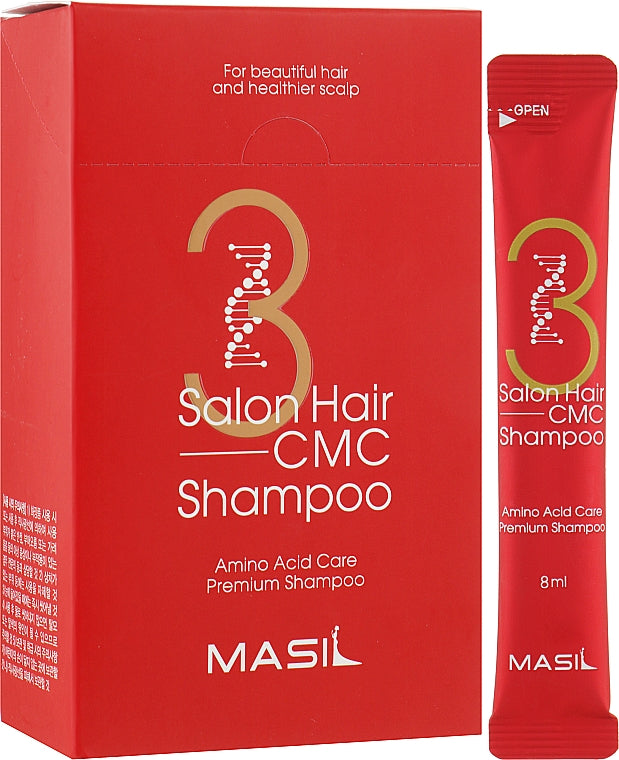 Champú coreano Masil 3 Salon Hair CMC reparador y nutritivo para cabello seco, dañado y encrespado. Monodosis de 8 ml.