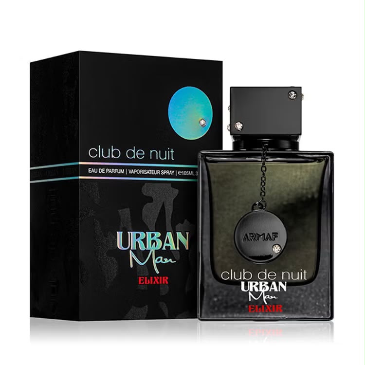 Perfume Club De Nuit Urban Elixir de Armaf para hombre con notas de bergamota, pimienta rosa, lavanda, azafrán, ámbar y cedro.