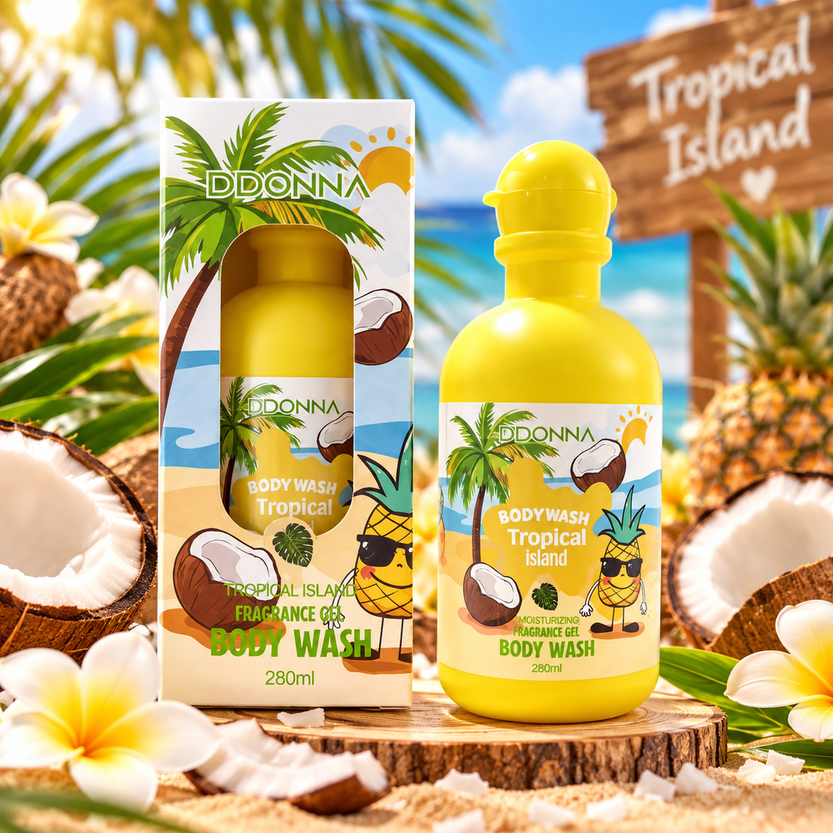 Gel de Baño Tropical Island de Ddonna 280 ml con aroma tropical inspirado en el coco cremoso, la vainilla y las flores blancas.