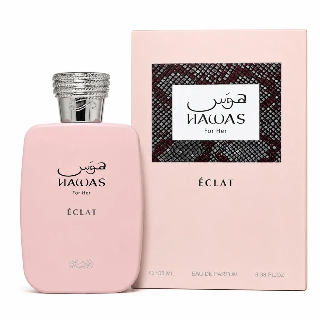 Perfume Hawas Eclat de Rasasi para mujer con notas de lichi, pera, pistacho, rosa, vainilla, almizcle y ámbar.