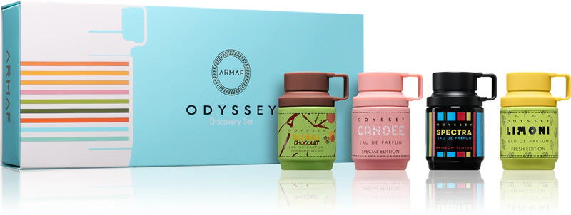 Odyssey Discovery Set Armaf con miniaturas de Dubai Chocolat, Candee, Spectra y Limoni Fresh