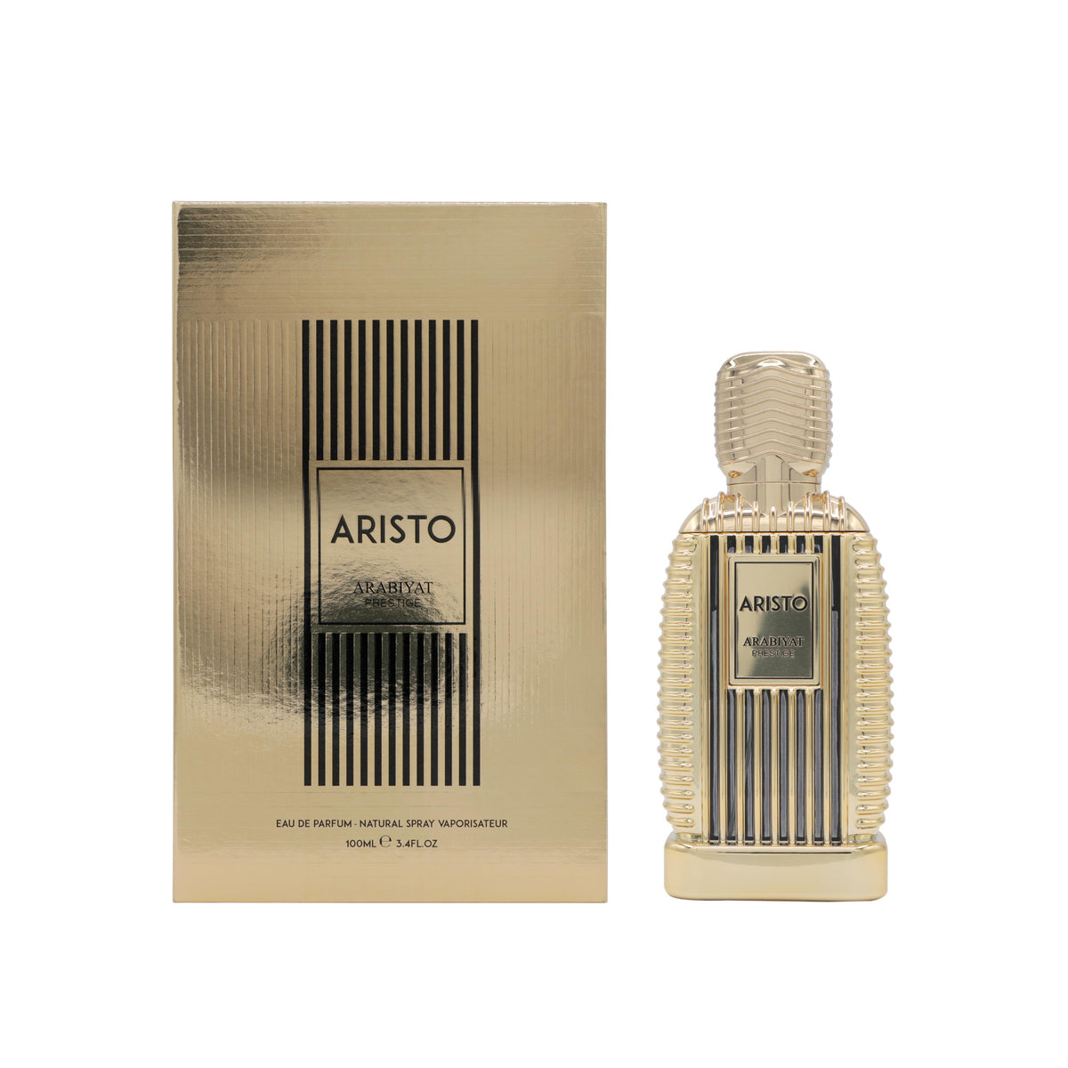 Perfume Aristo de Arabiyat Prestige para hombre con notas cítricas de mandarina, limón, naranja, jengibre, vainilla, almizcle y sándalo.
