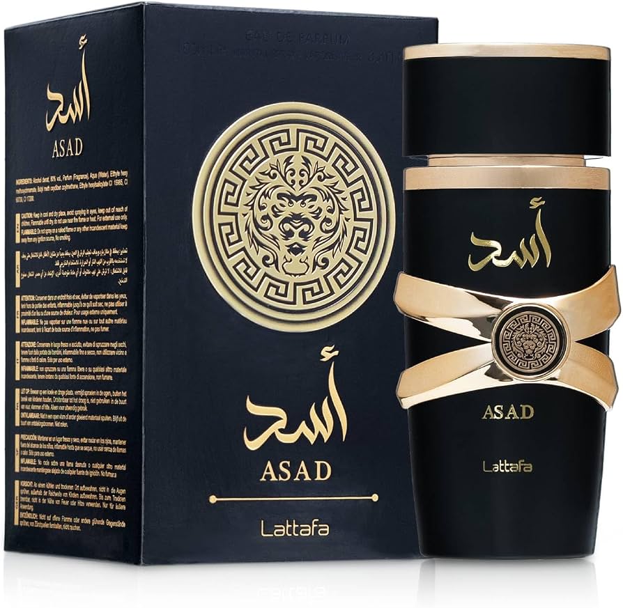 Perfume Asad Lattafa para hombre con notas de pimienta negra, tabaco, café, vainilla y ámbar