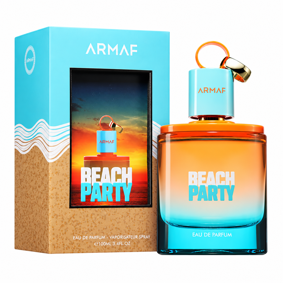 Perfume Beach Party de Armaf de 100 ml con frasco naranja y turquesa junto a su caja original sobre fondo blanco.