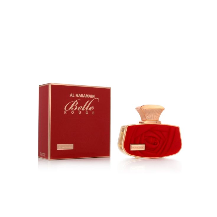 Perfume Belle Rouge de Al Haramain para mujer, fragancia árabe afrutada y floral con notas de pera, mandarina, rosa, jazmín, melocotón y vainilla.