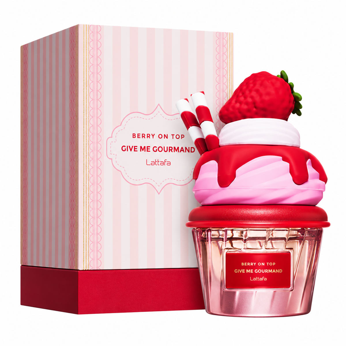 Perfume Berry on Top Give Me Gourmand de Lattafa con frasco en forma de cupcake con fresa y caja de rayas rosas sobre fondo blanco.