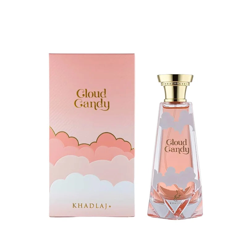 Perfume Cloud Candy de Khadlaj, fragancia árabe unisex dulce y gourmand con notas de malvavisco, fresa, frambuesa, vainilla y crema batida.