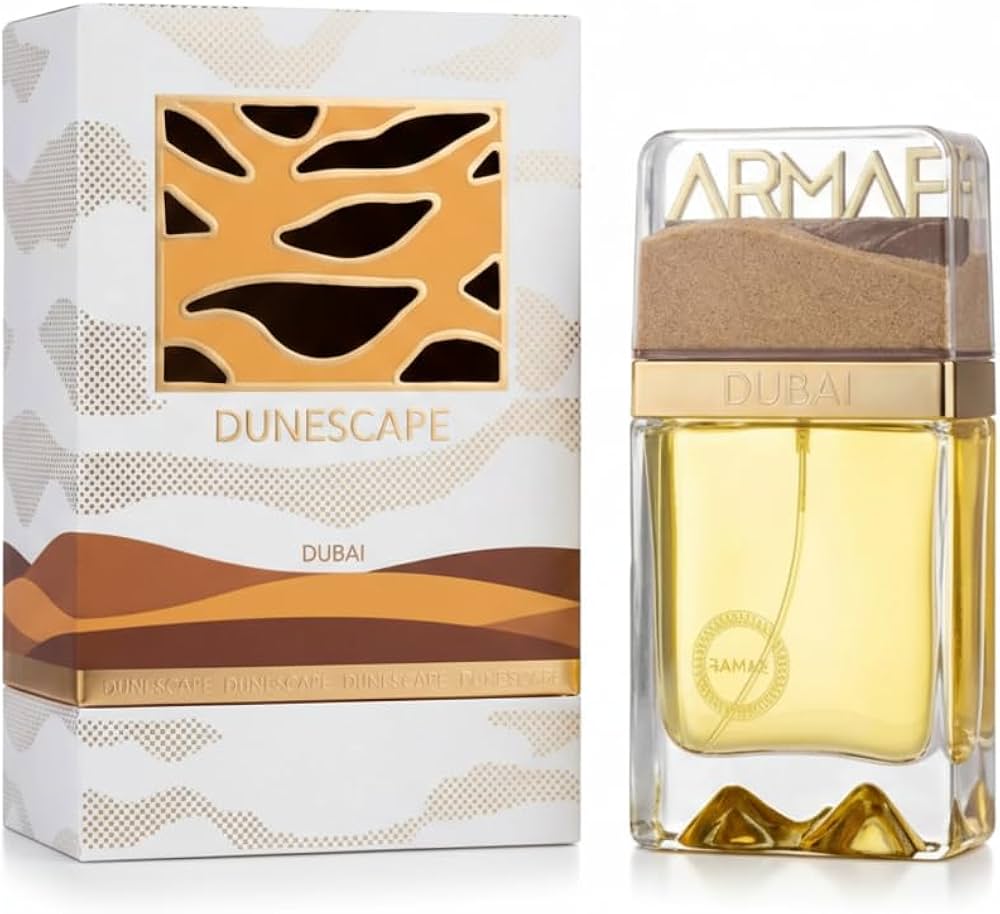 Perfume Dunescape Armaf con notas de naranja sanguina, jengibre, manzana, ámbar y sándalo