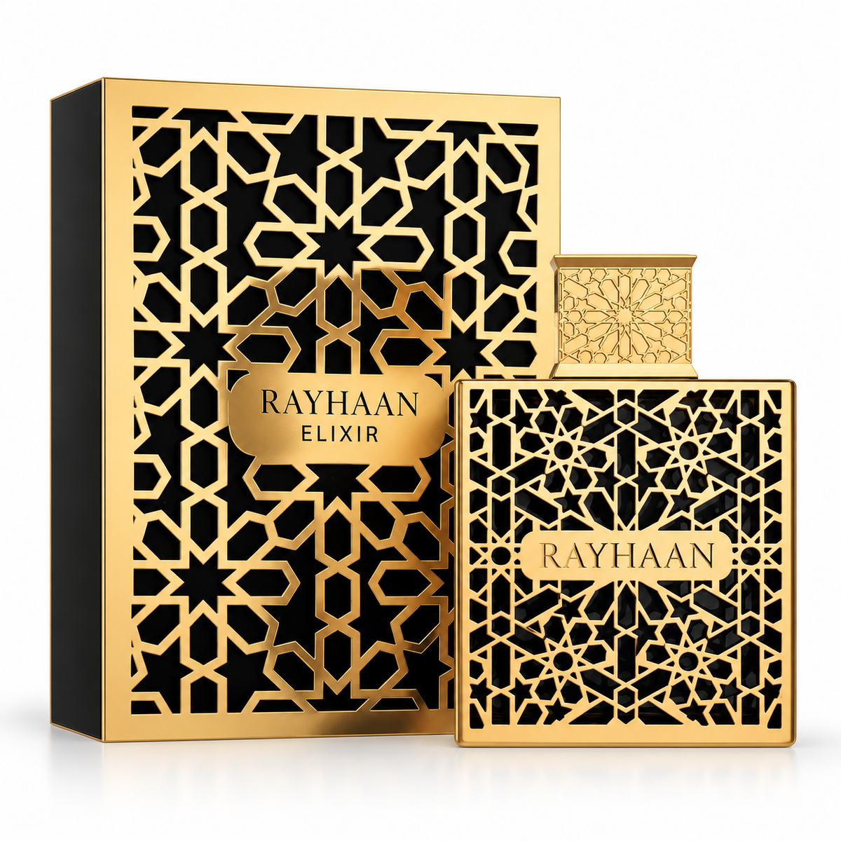 Perfume Elixir de Rayhaan para hombre con notas de menta, bergamota, lavanda, benjuí, vainilla y haba tonka.