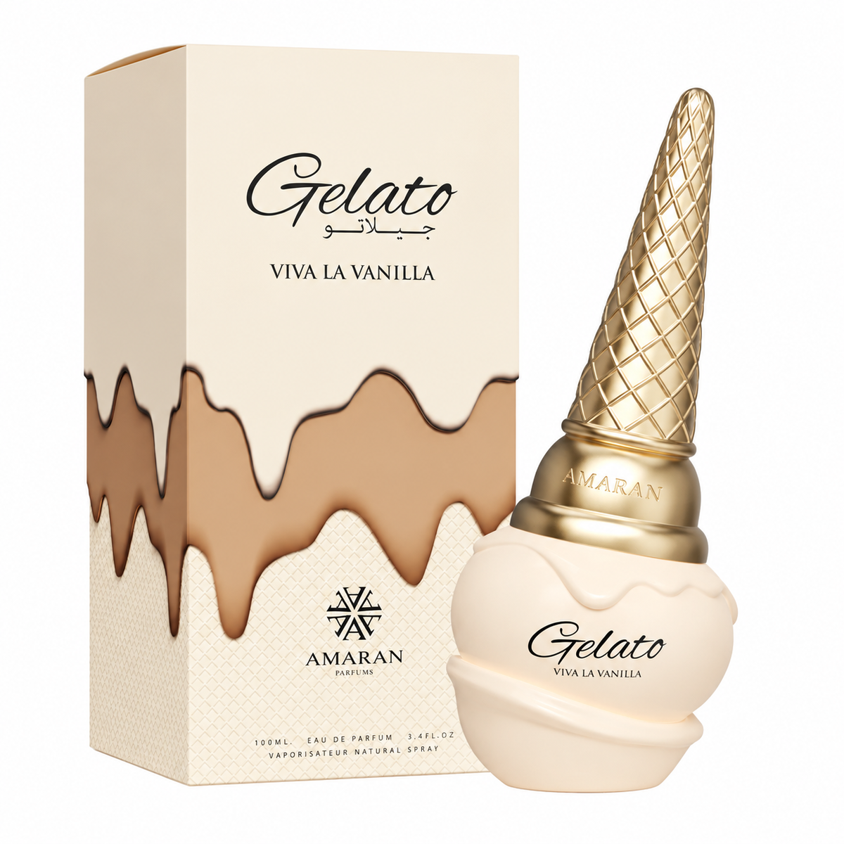 Perfume Gelato Viva La Vanilla de Amaran con frasco crema y tapón de cono dorado junto a su caja original sobre fondo blanco.