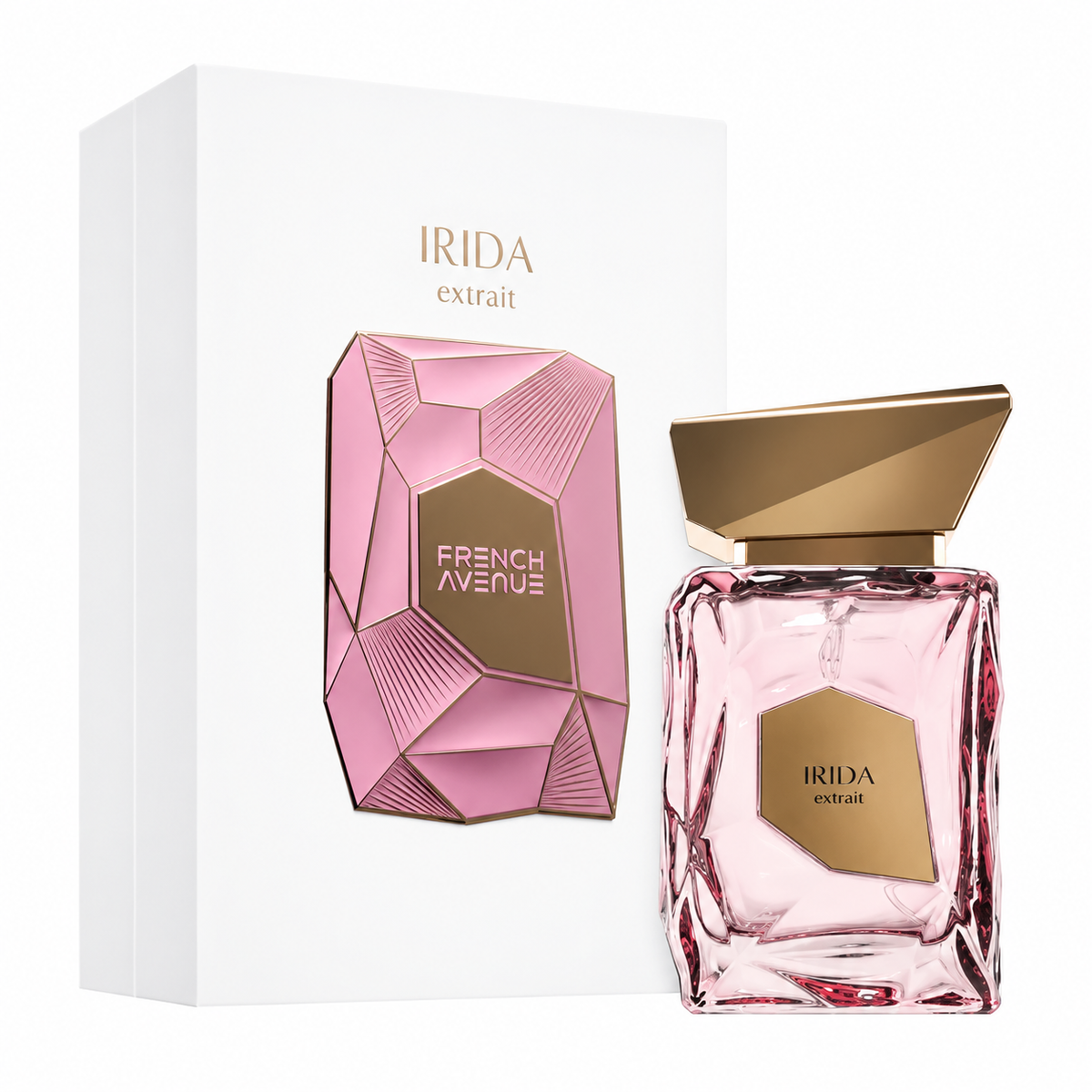 Perfume Irida Extrait de French Avenue con frasco de cristal rosa y tapón dorado junto a su caja blanca original sobre fondo blanco.