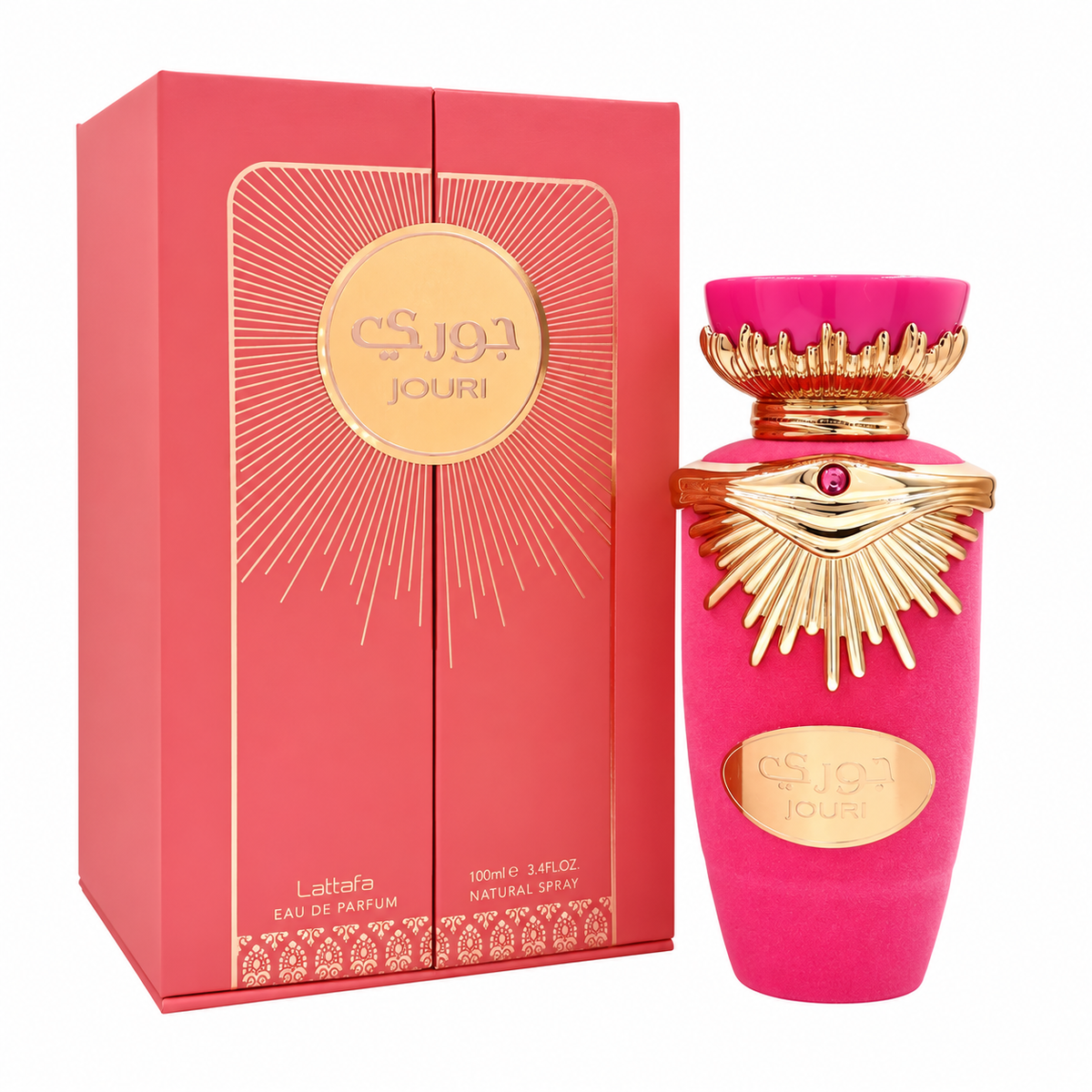Perfume Jouri de Lattafa de 100 ml con frasco rosa y adornos dorados junto a su caja coral sobre fondo blanco.