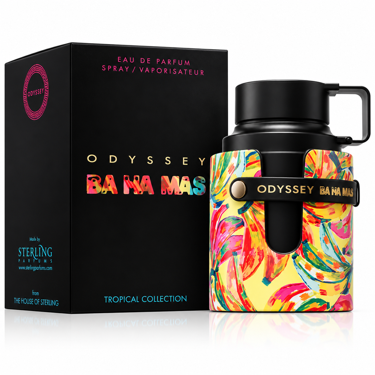 Perfume Odyssey Ba Ha Mas de Armaf, Eau de Parfum de la Tropical Collection, con frasco multicolor de diseño tropical, tapón negro y caja original.