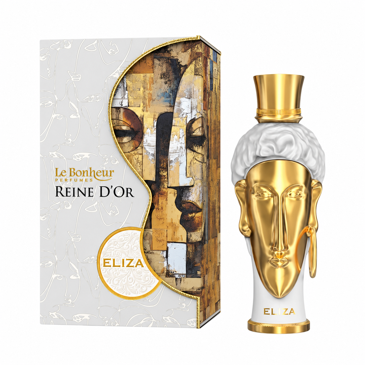 Perfume Reine d’Or Eliza de Le Bonheur con frasco blanco y rostro dorado junto a su caja original sobre fondo blanco.