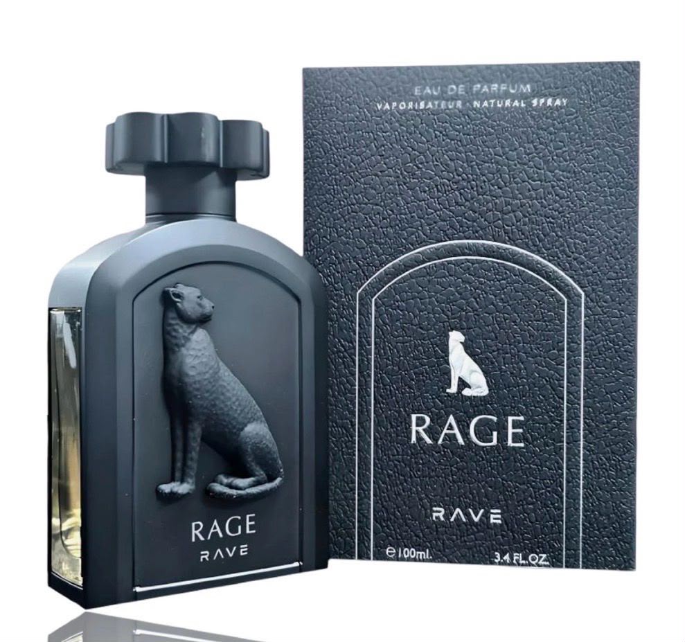 Perfume Rage de Rave para hombre con notas de manzana, menta, albahaca, cilantro, pachulí e incienso.