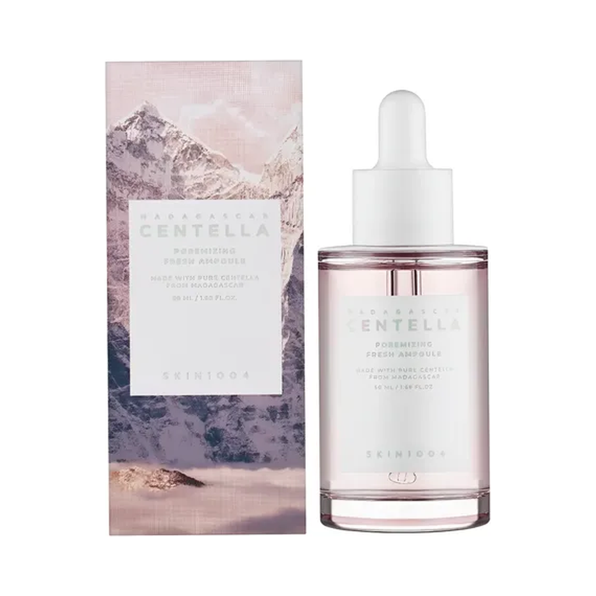SKIN1004 Madagascar Centella Poremizing Fresh Ampoule de 30 ml, sérum facial para piel grasa y poros visibles, con frasco de gotero rosa y caja original.