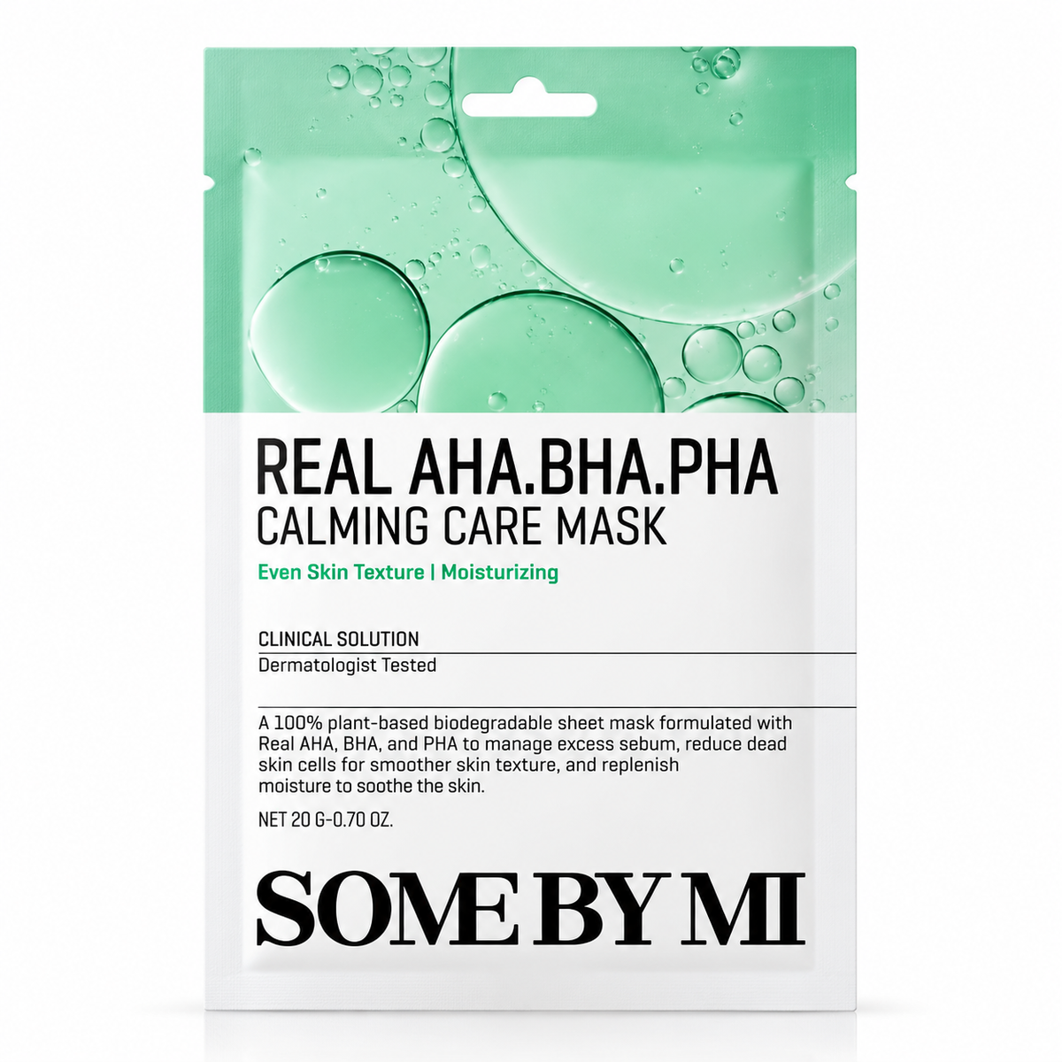 Mascarilla facial coreana Some By Mi Real AHA BHA PHA Calming Care Mask de 20 g, con ácidos exfoliantes AHA, BHA y PHA. Ayuda a eliminar células muertas, controlar el exceso de sebo, mejorar la textura de la piel e hidratar.