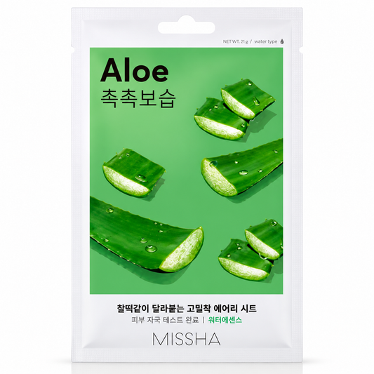 Mascarilla facial coreana Missha Airy Fit Aloe de 21 g con aloe vera, ideal para hidratar, calmar y refrescar la piel. Ayuda a aliviar la sequedad y aporta suavidad y confort al rostro.