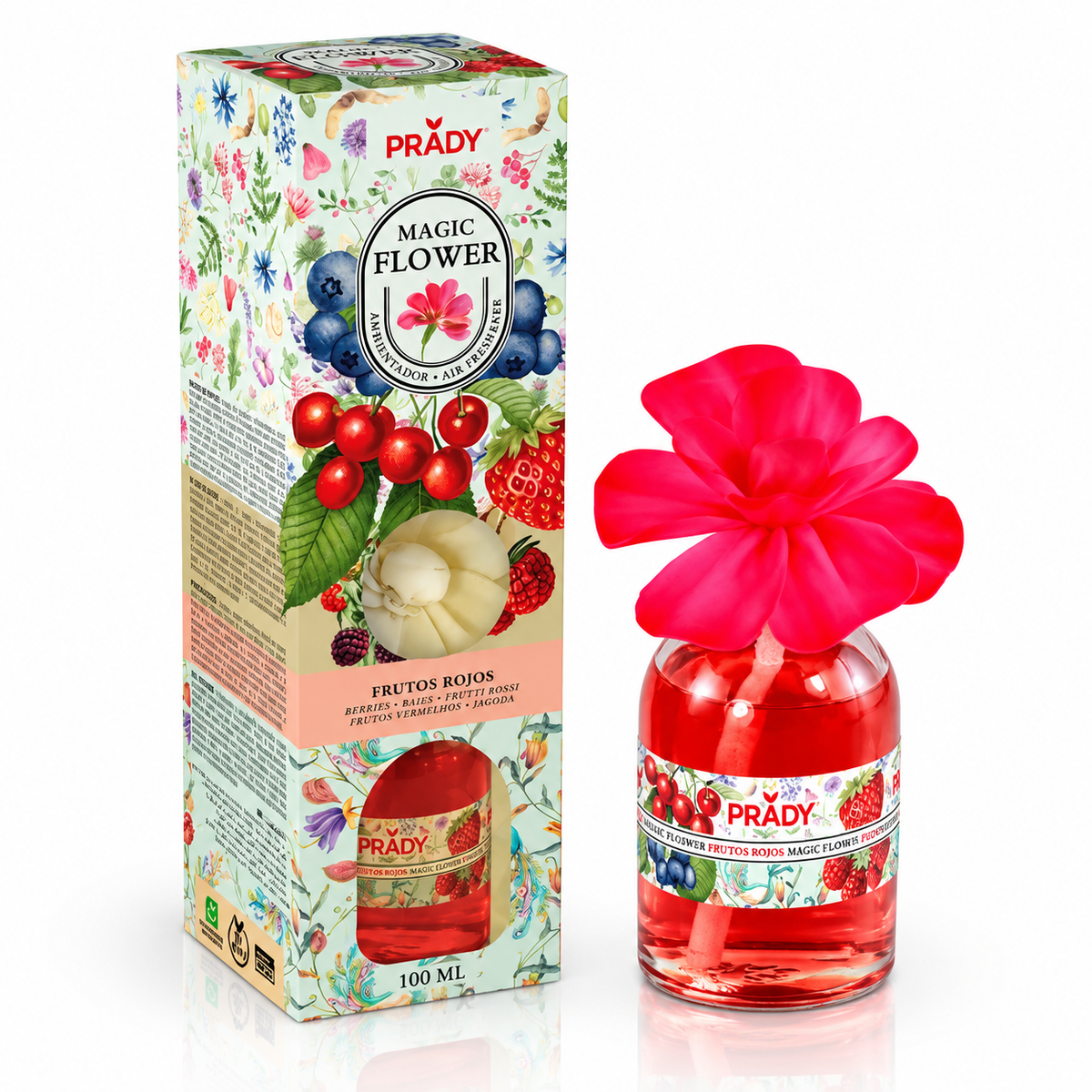 Ambientador mikado Magic Flower Frutos Rojos de Prady 100 ml, con líquido aromático rojo y flor difusora decorativa para perfumar el hogar.