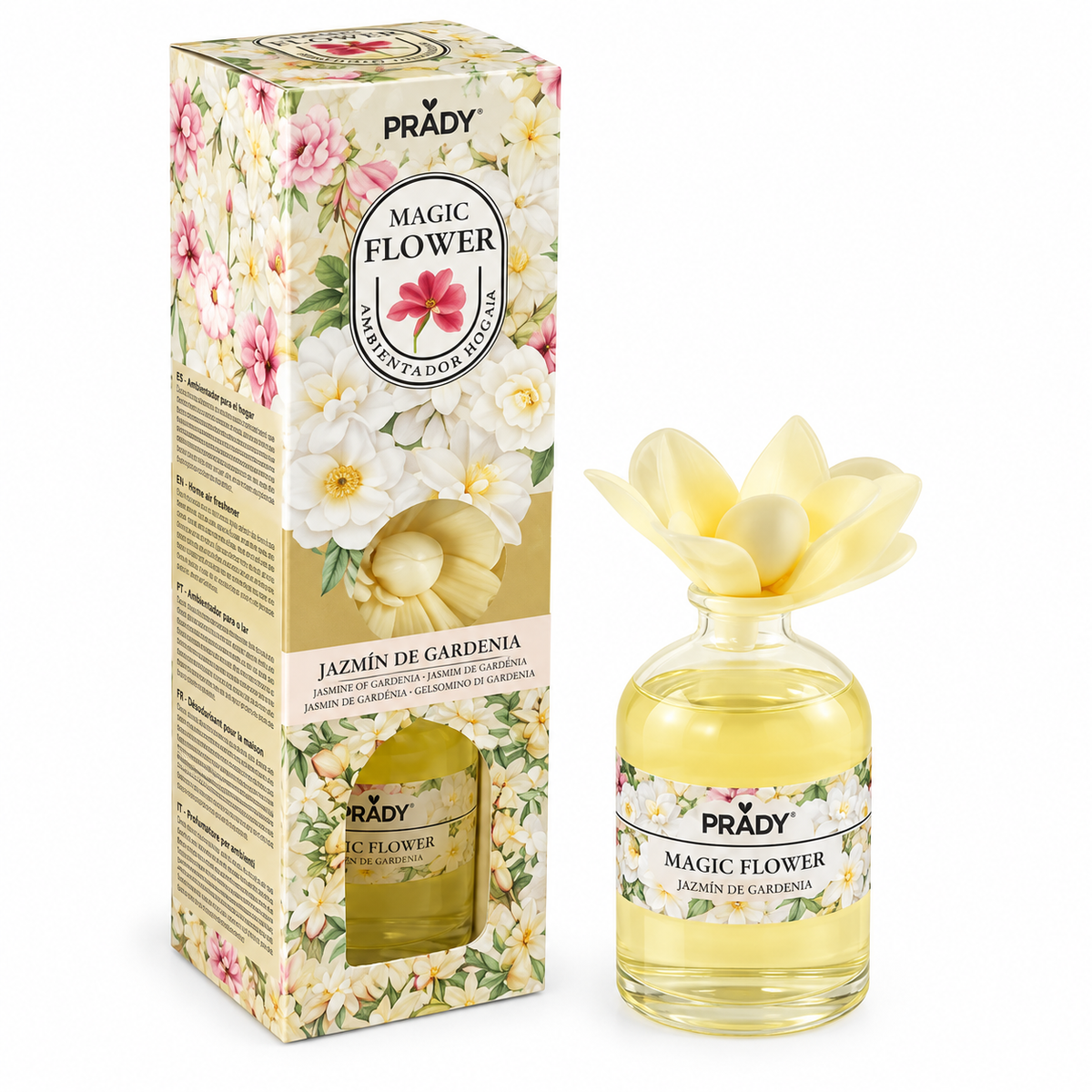 Ambientador Mikado con Flor Jazmín de Gardenia de Prady, inspirado en el aroma de Zara Home, con frasco de cristal, flor difusora y caja floral.