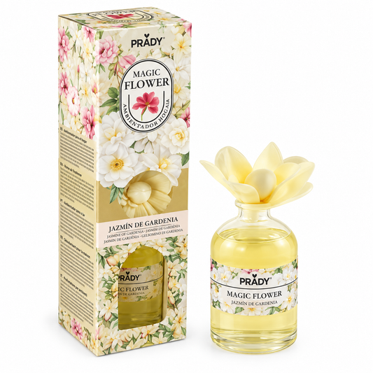 Ambientador Mikado con Flor Jazmín de Gardenia de Prady, inspirado en el aroma de Zara Home, con frasco de cristal, flor difusora y caja floral.