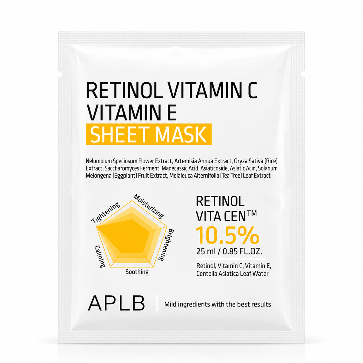 Mascarilla facial coreana APLB Retinol Vitamin C Vitamin E Sheet Mask de 25 ml, con retinol, vitaminas C y E y centella asiática. Ayuda a mejorar la firmeza, aportar luminosidad, hidratar y suavizar la piel.