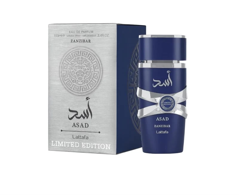 Perfume Asad Zanzibar Limited Edition de Lattafa para hombre con notas marinas, lavanda, pimienta rosa, canela, ámbar y sándalo.