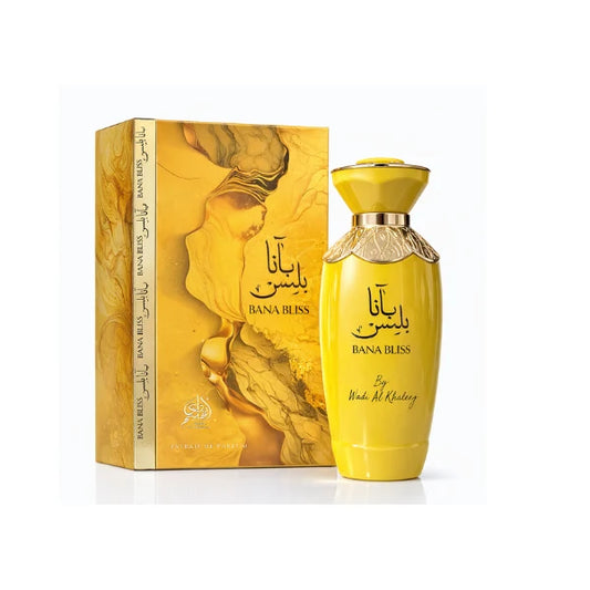 Perfume Bana Bliss de Wadi Al Khaleej unisex con notas de mango, maracuyá, coco, flor de azahar, sándalo, vainilla y ámbar.