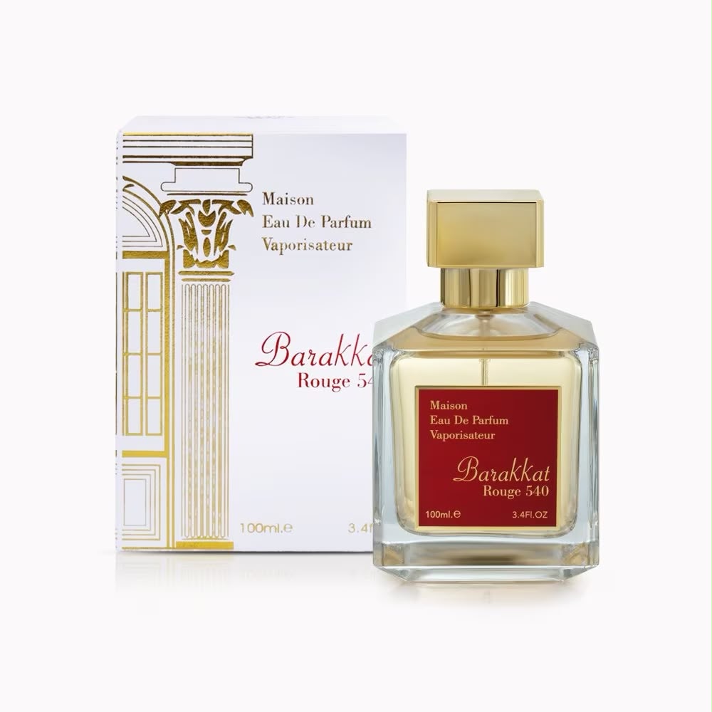 Perfume Barakkat Rouge 540 de Fragrance World unisex con notas de jazmín, azafrán, ámbar, resina de abeto y cedro blanco.
