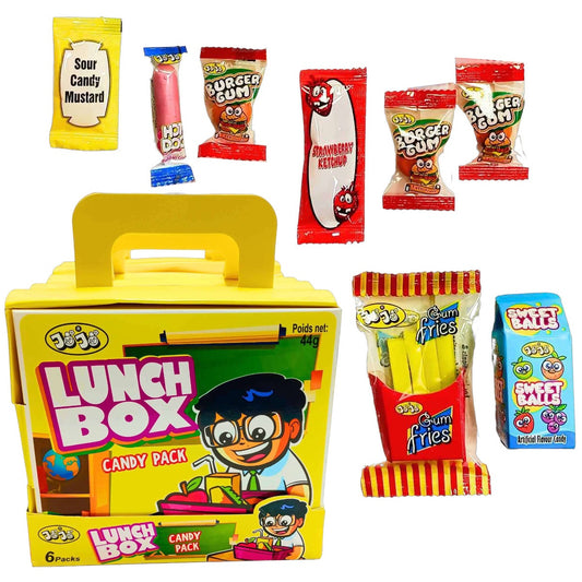 Cajita lunch box de chuches con hamburguesa, patatas, salchicha y caramelos