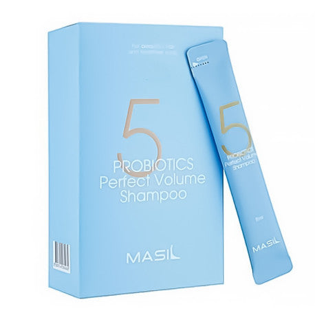 Champú coreano Masil 5 Probiotics Perfect Volume en monodosis de 8 ml para aportar volumen, fuerza y brillo al cabello fino y sin cuerpo.