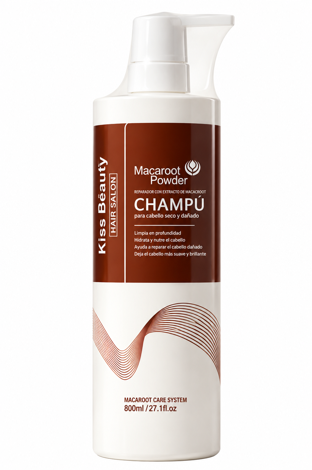 Champú Macaroot Powder Kiss Beauty Hair Salon 800 ml con extracto de maca para cabello seco y dañado.