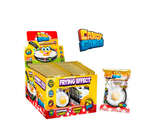 Chuche con forma de huevo frito y popping candy en su interior