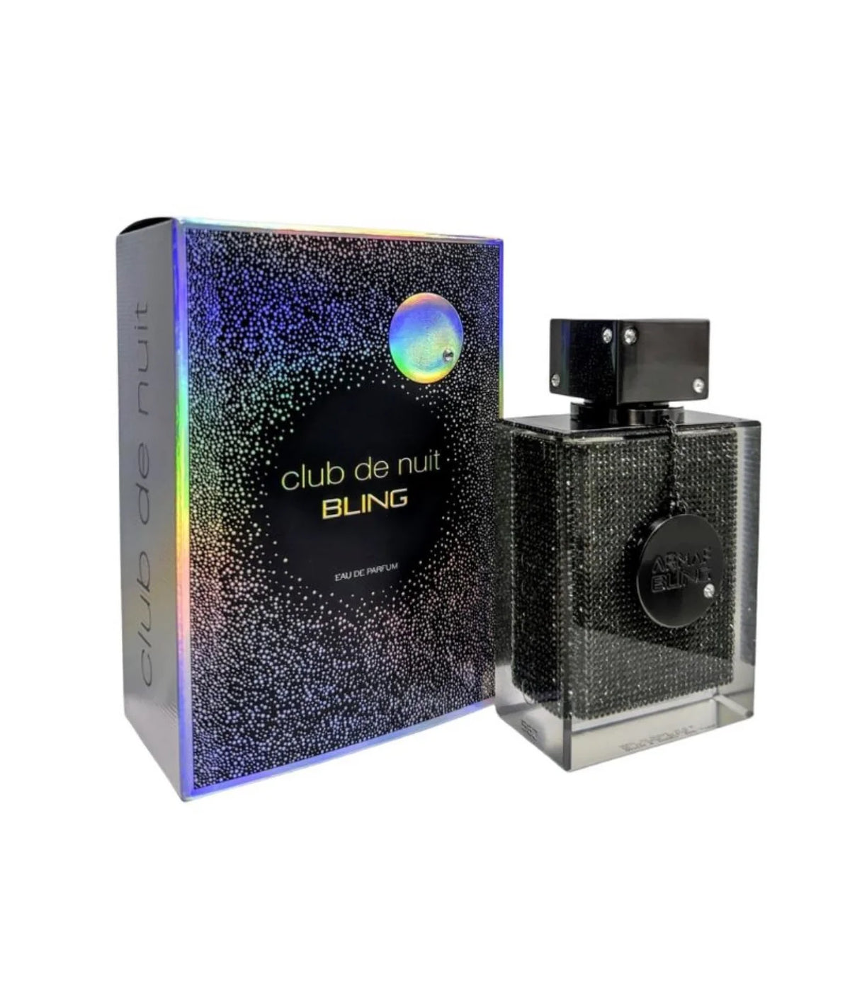 Perfume Club de Nuit Bling de Armaf unisex con notas de cítricos, polvo de estrellas, prisma floral, maderas aterciopeladas y vainilla.
