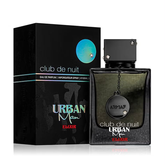 Perfume Club De Nuit Urban Elixir de Armaf para hombre con notas de bergamota, pimienta rosa, lavanda, azafrán, ámbar y cedro.