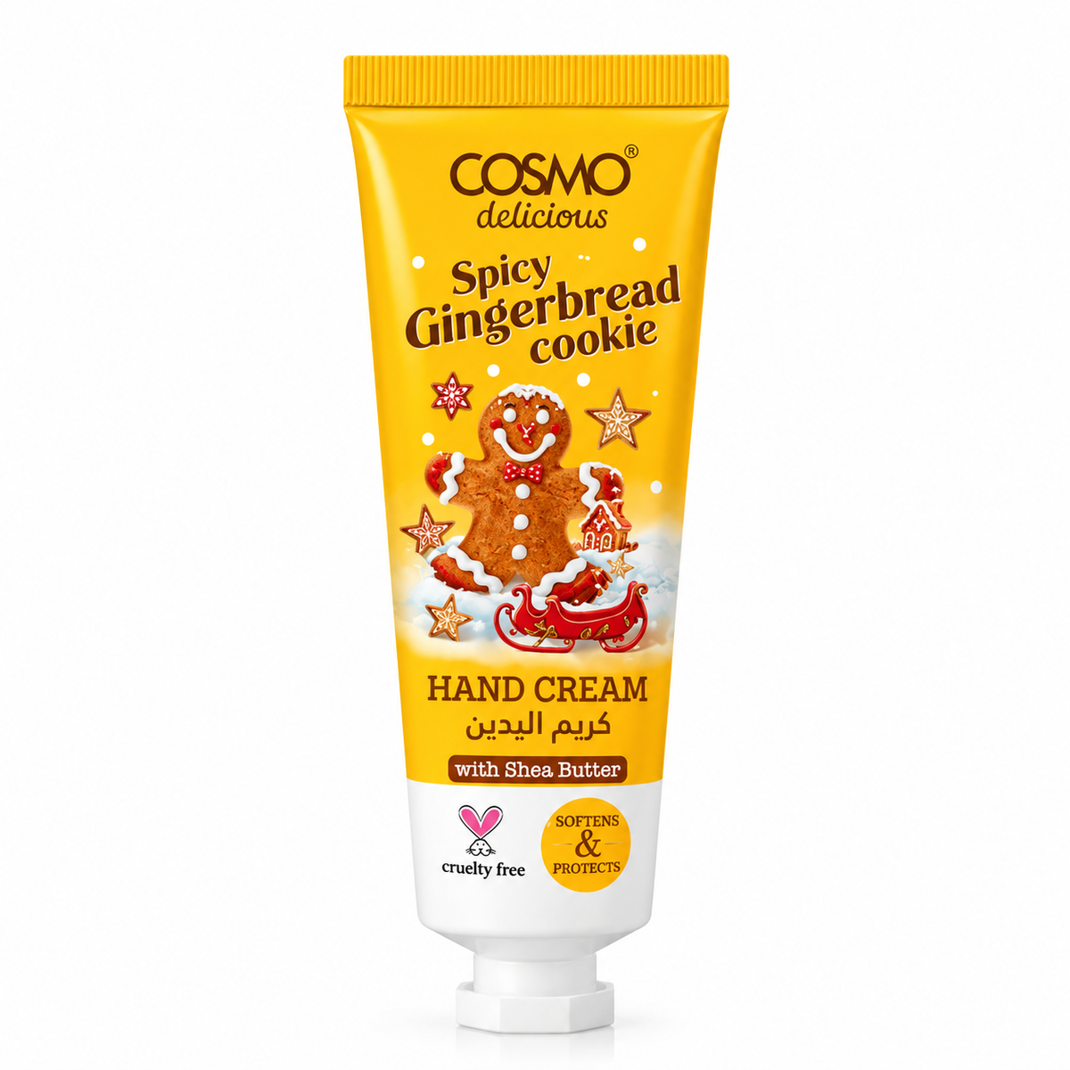 Crema de manos Spicy Gingerbread Cookie de Cosmo 75 ml con manteca de karité y aroma dulce a galletas de jengibre especiadas.