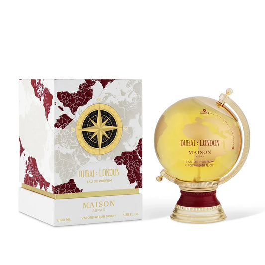 Perfume Dubai London de Maison Asrar unisex con notas de pimienta rosa, cítricos, lavanda, avellana, albaricoque, almizcle y cedro.