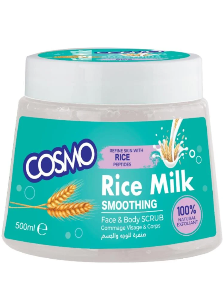 Exfoliante facial y corporal Rice Milk de Cosmo de 500 ml con péptidos de leche de arroz para eliminar células muertas, suavizar y alisar la piel.