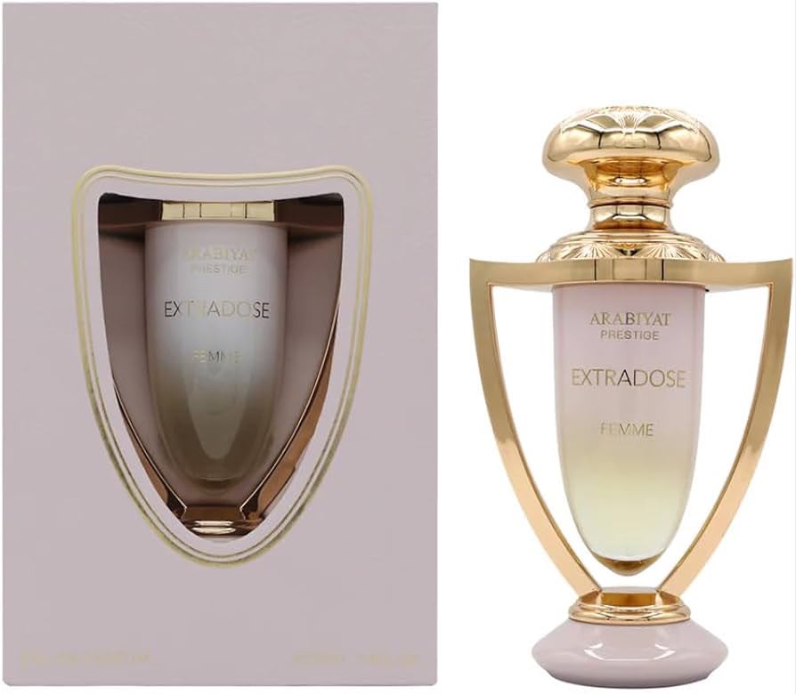 Perfume Extradose Femme de Arabiyat Prestige para mujer con notas de grosellas negras, ron, pera, jazmín, vainilla y coco.