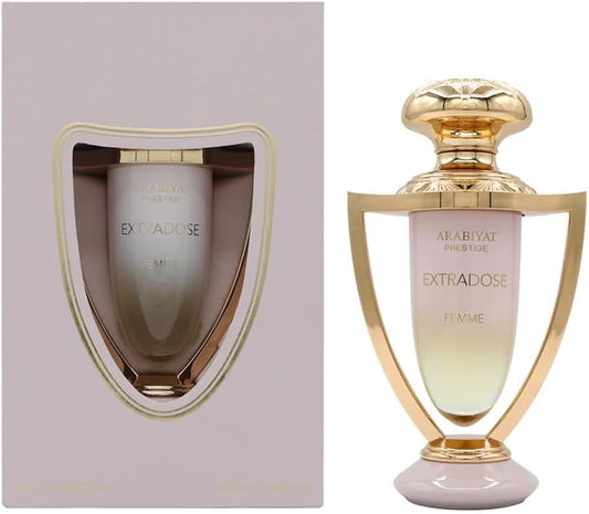 Perfume Extradose Femme de Arabiyat Prestige para mujer con notas de grosellas negras, ron, pera, jazmín, vainilla y coco.