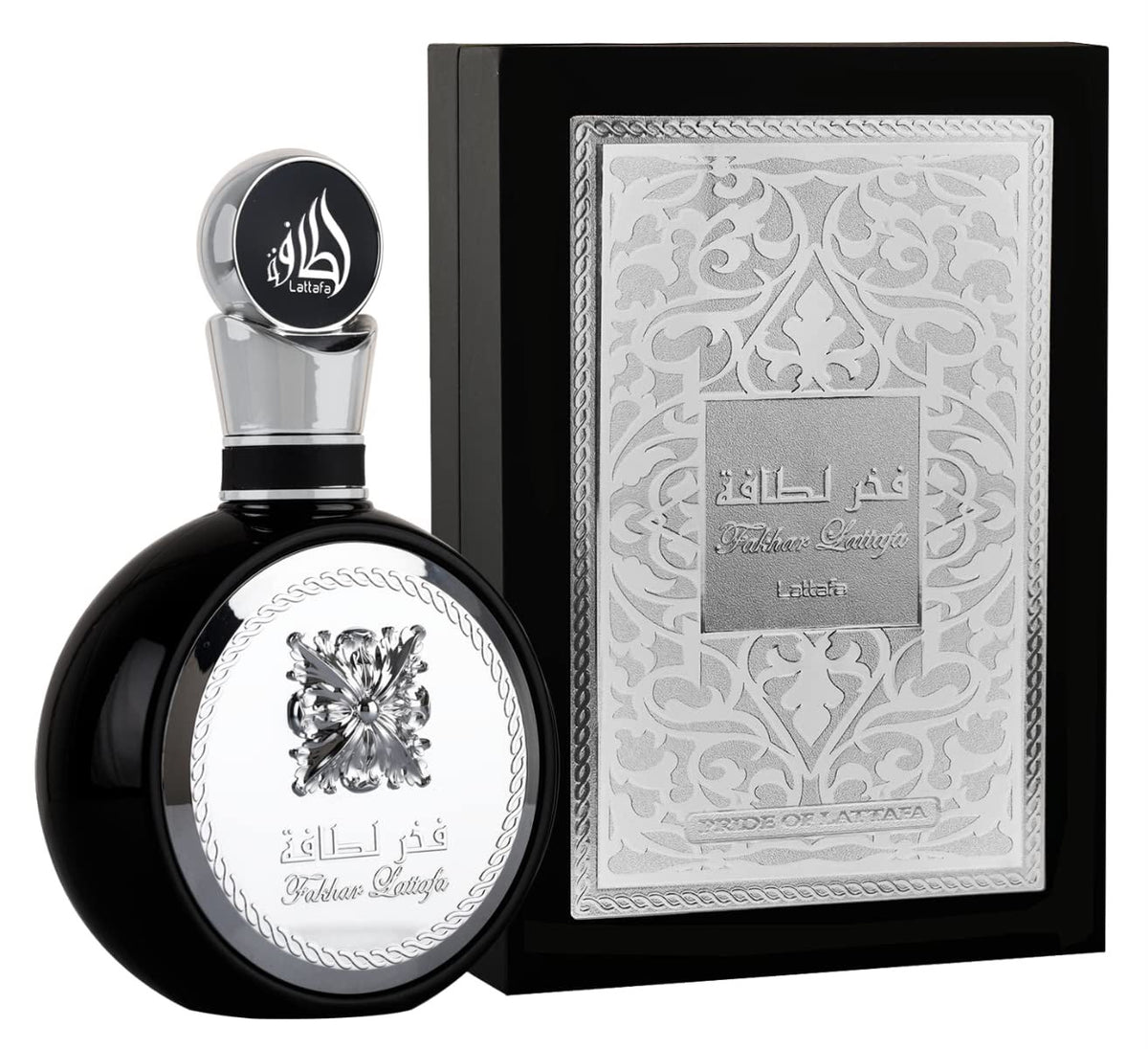 Perfume Fakhar Black de Lattafa para hombre con notas de manzana, bergamota, jengibre, lavanda, cedro y haba tonka.