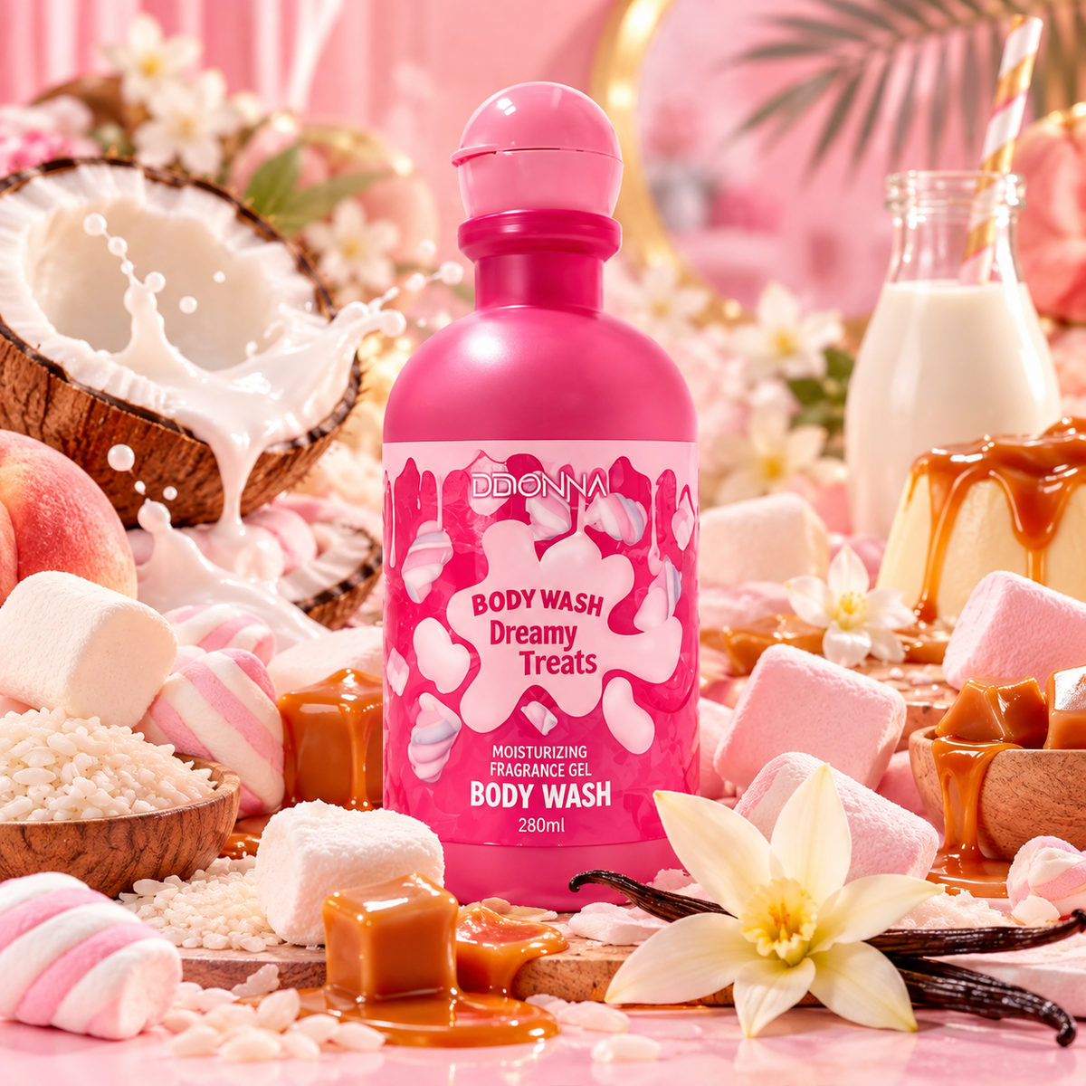 Gel de Baño Dreamy Treats de Ddonna con aroma dulce y cremoso inspirado en el perfume árabe Dreamy Treats de Tubbees, con notas de coco, leche y caramelo.