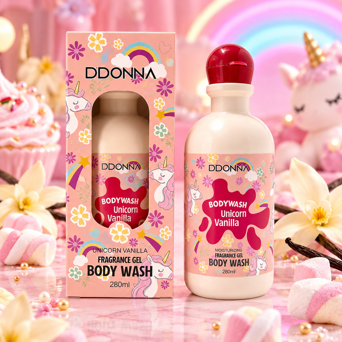 Gel de Baño Unicorn Vanilla de Ddonna 280 ml con aroma dulce a vainilla y algodón de azúcar, inspirado en el perfume árabe Unicorn Vanilla de Tubbees.