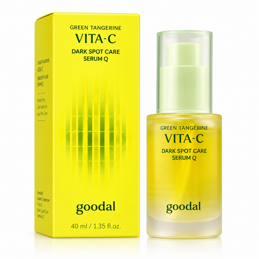Goodal Green Tangerine Vita-C Dark Spot Care Serum Q de 40 ml, sérum facial coreano con vitamina C para ayudar a reducir las manchas, unificar el tono y aportar luminosidad a la piel. Envase amarillo con dosificador y caja original.