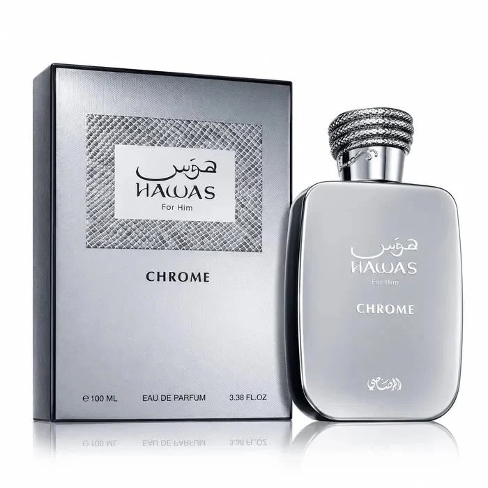 Perfume Hawas Chrome de Rasasi para hombre con notas de melocotón, naranja dulce, mango, maracuyá, vainilla y almizcle.