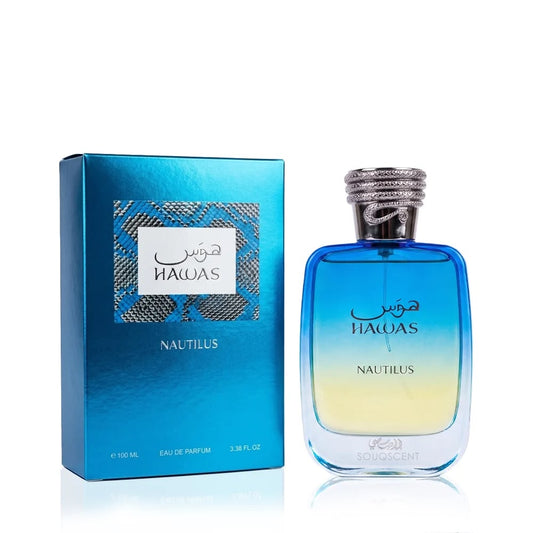 Perfume Hawas Nautilus de Rasasi para hombre con notas de ámbar gris, agua de mar, ciprés, cedro, madera a la deriva y arena.